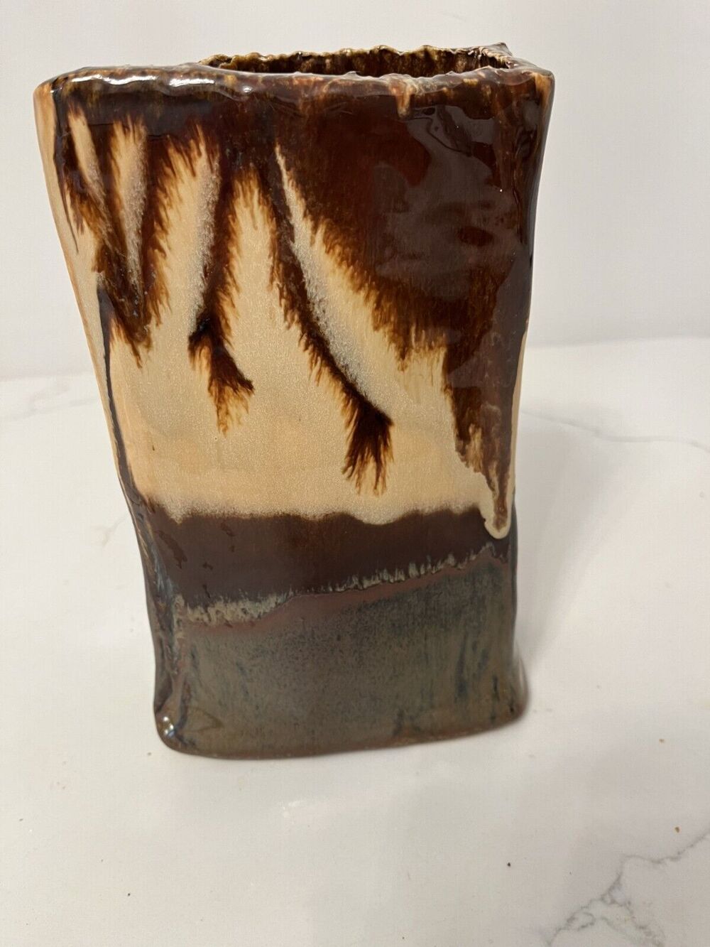 Vase Studio Art Signed Hand Painted Tree  Paper Bag Shape Cottage Boho Western